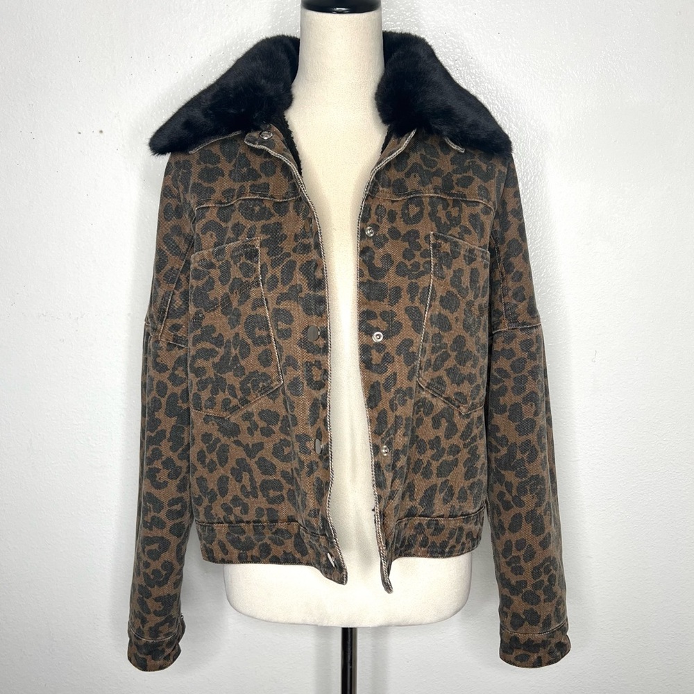 superdown Brown Leopard Print Jean Jacket with Bl… - image 3